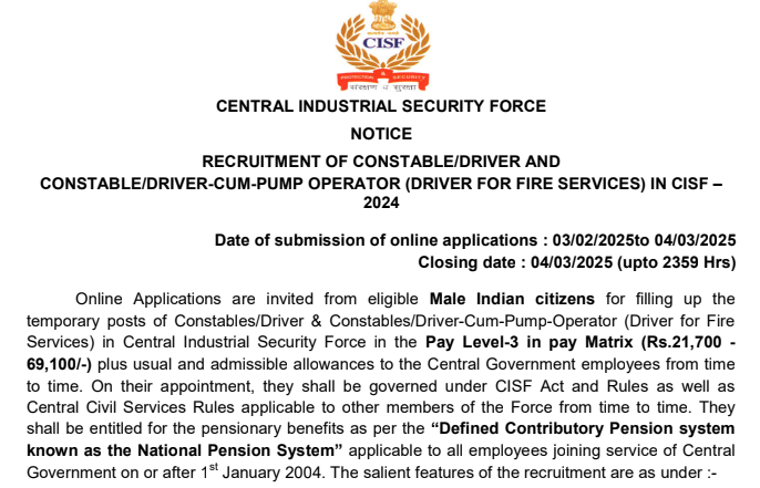 CISF Constable / Driver Recruitment 2025- can Apply online for 1124 Post from 03/02/2025 to 04/03/2025